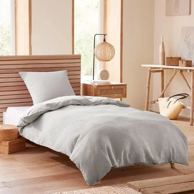 Linge de lit - Parure de couette 140x200cm + 1 taie d'oreiller 65X65cm nid d'abeille Perle - COTON PUR