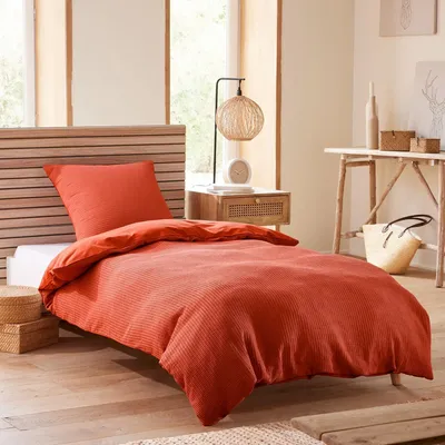 Linge de lit - Parure de couette 140x200cm + 1 taie d'oreiller 65X65cm nid d'abeille Terracotta - COTON PUR