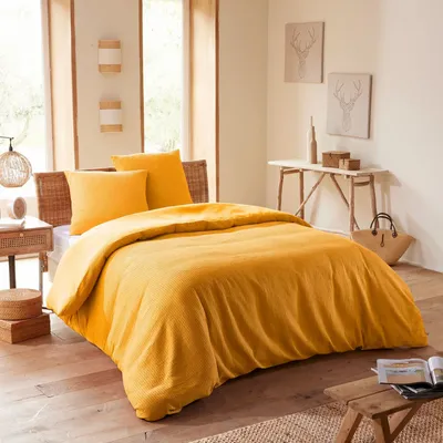 Linge de lit - Parure de couette 240x220cm + 2 taies d'oreiller 65X65cm nid d'abeille Curry - COTON PUR