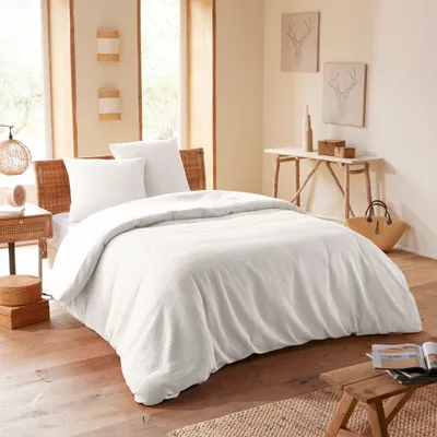 Linge de lit - Parure de couette 260x240cm + 2 taies d'oreiller 65X65cm nid d'abeille Neige - COTON PUR
