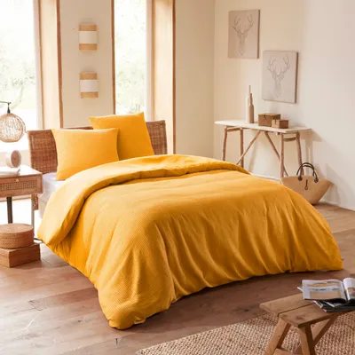 Linge de lit - Parure de couette 260x240cm + 2 taies d'oreiller 65X65cm nid d'abeille Curry - COTON PUR