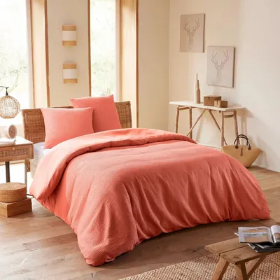 Linge de lit - Parure de couette 260x240cm + 2 taies d'oreiller 65X65cm nid d'abeille Blush - COTON PUR