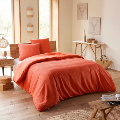 Bed linens - Duvet set 260x240cm + 2 pillowcases 65X65cm honeycomb Terracotta - COTON PUR