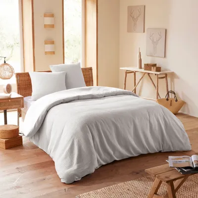 Linge de lit - Parure de couette 260x240cm + 2 taies d'oreiller 65X65cm nid d'abeille Perle - COTON PUR
