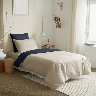 Linge de lit - Pack Complet Housse de couette Bicolore 140 x 200 cm - Drap housse 90 x 190 cm - 100% Coton 57 Fils - COTON PUR