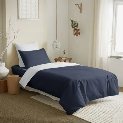 Linge de lit - Pack Complet Housse de couette Bicolore 140 x 200 cm - Drap housse 90 x 190 cm - 100% Coton 57 Fils - COTON PUR