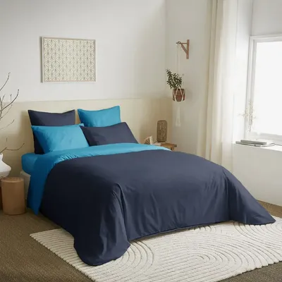 Linge de lit - Pack Complet Housse de couette Bicolore 220 x 240 cm - Drap housse 160 x 200 cm - 100% Coton 57 Fils - COTON PUR