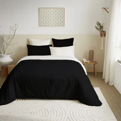 Linge de lit - Pack Complet Housse de couette Bicolore 240 x 260 cm - Drap housse 180 x 200 cm King Size - 100% Coton 57 Fils - COTON PUR