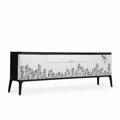 TV stands - Finura Solidwood TV Unit with Hand Painted Fronts - ALANKARAM
