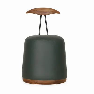 Chairs - Credu - Teakwood Pouffe cum Chair With Green Leatherette - ALANKARAM
