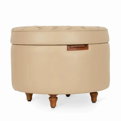 Poufs - Dold - Pouf en teck avec cuir beige - ALANKARAM