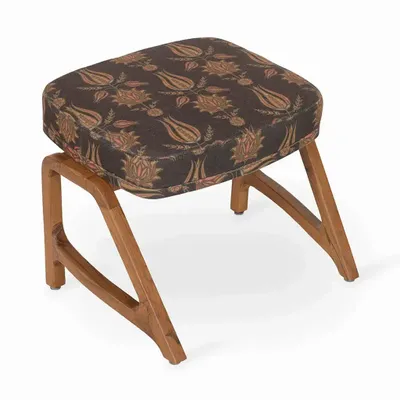 Ottomans - Egri - Teakwood Footstool with Black Flower Printed Fabric - ALANKARAM