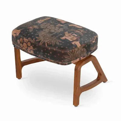 Ottomans - Egri - Teakwood Footstool with Black Printed Fabric - ALANKARAM