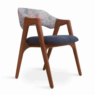 Chairs - Ikkita - Teakwood Dining Chair with Blue, Printed Fabric - ALANKARAM