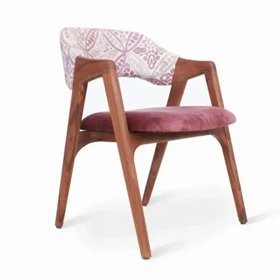 Chairs - Ikkita - Teakwood Dining Chair with Brown, Printed Fabric - ALANKARAM