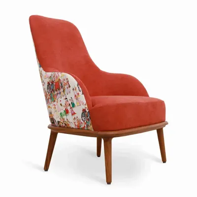 Chairs - Iyi - Lounge Chair with Red, Printed Fabric - ALANKARAM