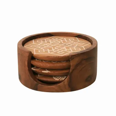 Glass - Kizak Round Shaped Teakwood Tea Coaster with Art Work - ALANKARAM