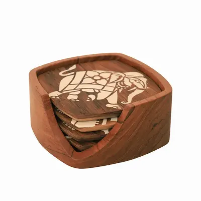 Glass - Kizak Square Shaped Teakwood Tea Coaster with Art Work - ALANKARAM