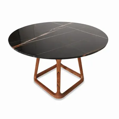 Dining Tables - Krug - Teakwood Dining Table with Black Stone Top - ALANKARAM