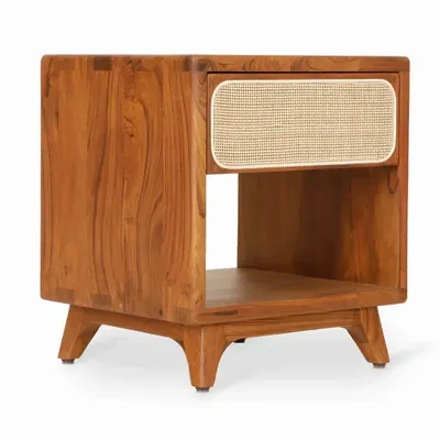 Night tables - Maly - Teakwood Bedside Unit with Rattan - ALANKARAM