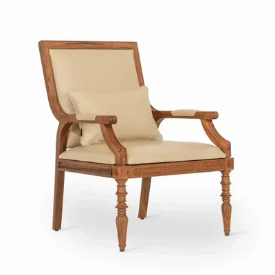 Chairs - Masani Teakwood Lounge Chair with Beige Leather - ALANKARAM