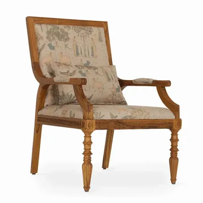 Chairs - Masani Teakwood Lounge Chair with Beige Printed Fabric - ALANKARAM