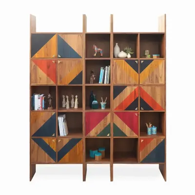Bookshelves - Nelio Teakwood Storage Unit with Multicolor Fronts - ALANKARAM