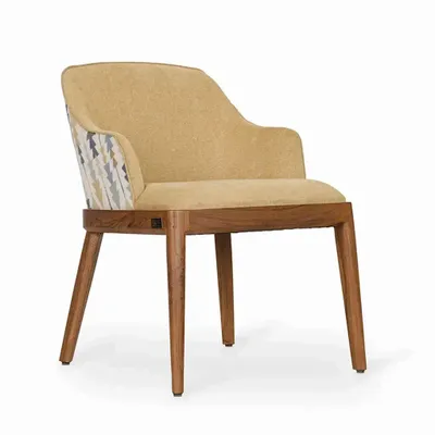 Chairs - Ozlu - Teakwood Dining Chair with Yellow, White printed Fabric - ALANKARAM