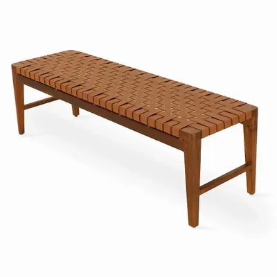 Benches - Paski Teakwood Bench with Tan Leatherette Straps - ALANKARAM