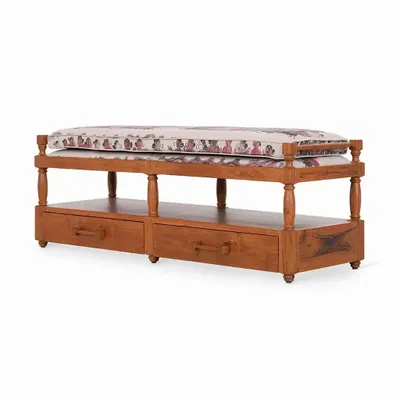 Benches - Penkki - Teakwood Bench with Off White Printed Fabric - ALANKARAM