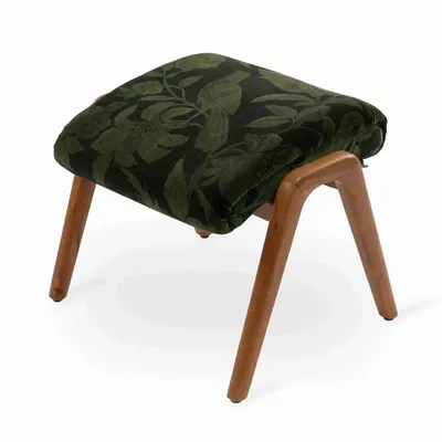 Footrests - Piko - Teakwood Footstool With Black, Green Printed Fabric - ALANKARAM