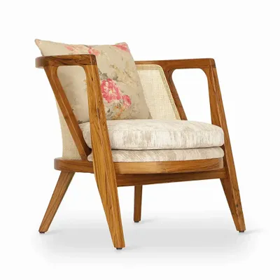 Chairs - Ringi - Lounge Chair with White, Cream Printed Fabric - ALANKARAM