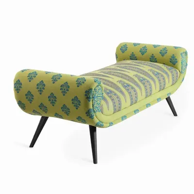 Canapés - Santai - Banc en bois massif avec tissu imprimé vert - ALANKARAM