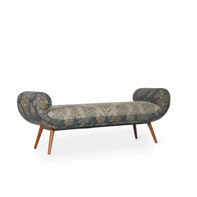 Sofas - Santai - Teakwood Bench With Blue Printed Fabric - ALANKARAM