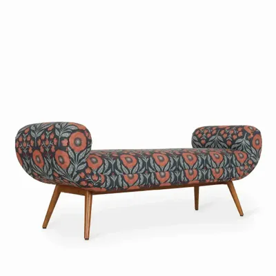 Sofas - Santai Printed Fabric Teakwood Bench - ALANKARAM