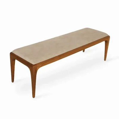 Benches - Sira - Teakwood Bench with Beige Fabric - ALANKARAM