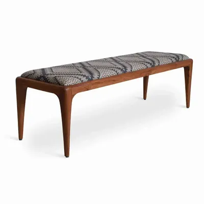 Benches - Sira - Teakwood Bench with Black Geometrical Print Fabric - ALANKARAM