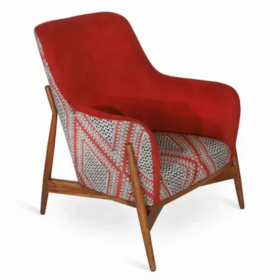 Chairs - Syva - Lounge Chair with Red Printed Fabric - ALANKARAM