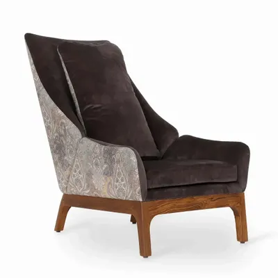 Chairs - Toso - Lounge Chair with Charcoal Black and Printed Fabric - ALANKARAM