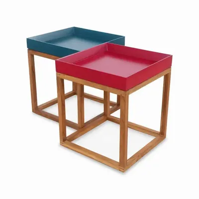 Autres tables  - Trei - Table d'appoint en teck avec plateau coloré - ALANKARAM