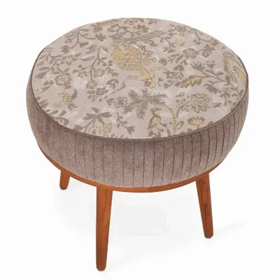 Poufs - Zoya - Pouf rond en teck avec tissu Dust Palette - ALANKARAM
