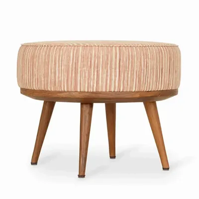 Poufs - Zoya - Pouf rond en teck avec tissu orange - ALANKARAM