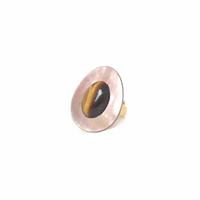 Bijoux - Bague ajustable œil de tigre et nacre brune – JAGUAR - NATURE BIJOUX