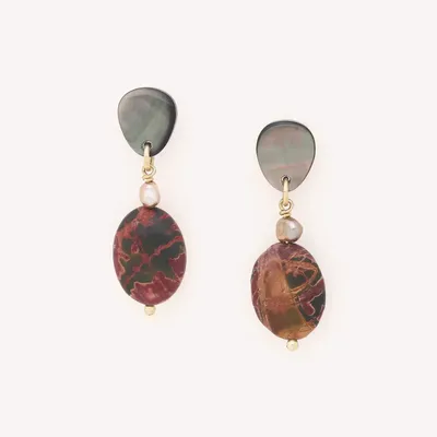 Jewelry - Small post earrings with black lip top & oval stone pendant - L'ile Rousse - NATURE BIJOUX