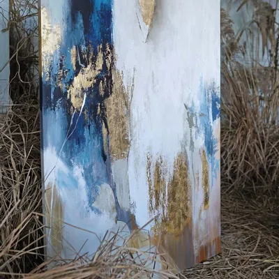 Paintings - Original handmade abstract painting in gray blue gold named "Flow" - MATISS ART STUDIO