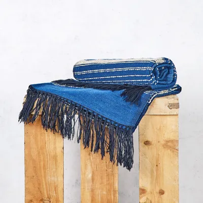Rugs - Pedal Loom Rug in Virgin Wool – Blue and Beige - HUAKAL