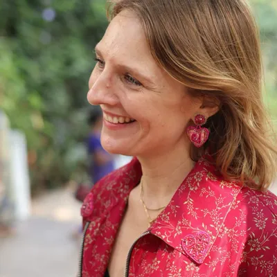Jewelry - Heart drop earrings - upcycled sari & beaded embroidery - I WAS A SARI