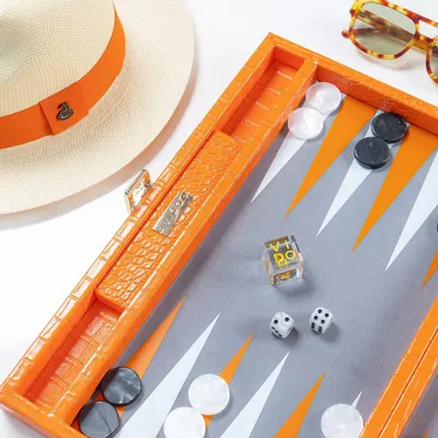 Petite maroquinerie - Jeu de Backgammon Orange Tangelo - Cuir Vegan Alligator Large - VIDO LUXURY BOARD GAMES