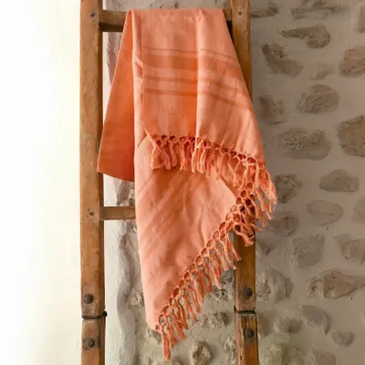 Bath towels - WOVEN ORGANIC COTTON FOUTA - GARDEN COLLECTION - CORAL COLOR - KARAWAN AUTHENTIC