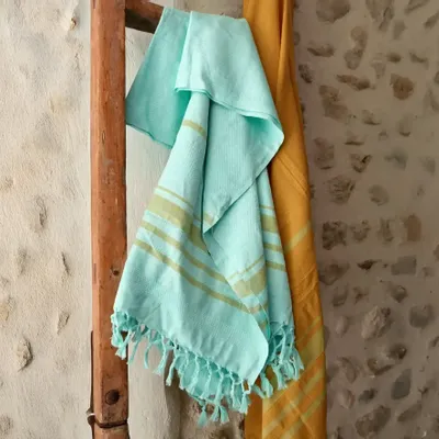 Bath towels - FOUTA WOVEN IN ORGANIC COTTON - GARDEN COLLECTION - COLOR TURKUAZ - KARAWAN AUTHENTIC